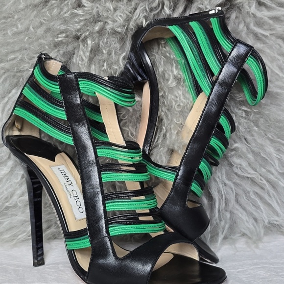 Jimmy Choo Shoes - Jimmy Choo Black/Green Leather Corsica Ankle Strap Sandals Size 37.5